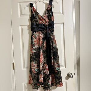 Evan Picone Flower Chiffon Satin Bow Tie Dress Black Red Ribbon-Size 6 Petite
